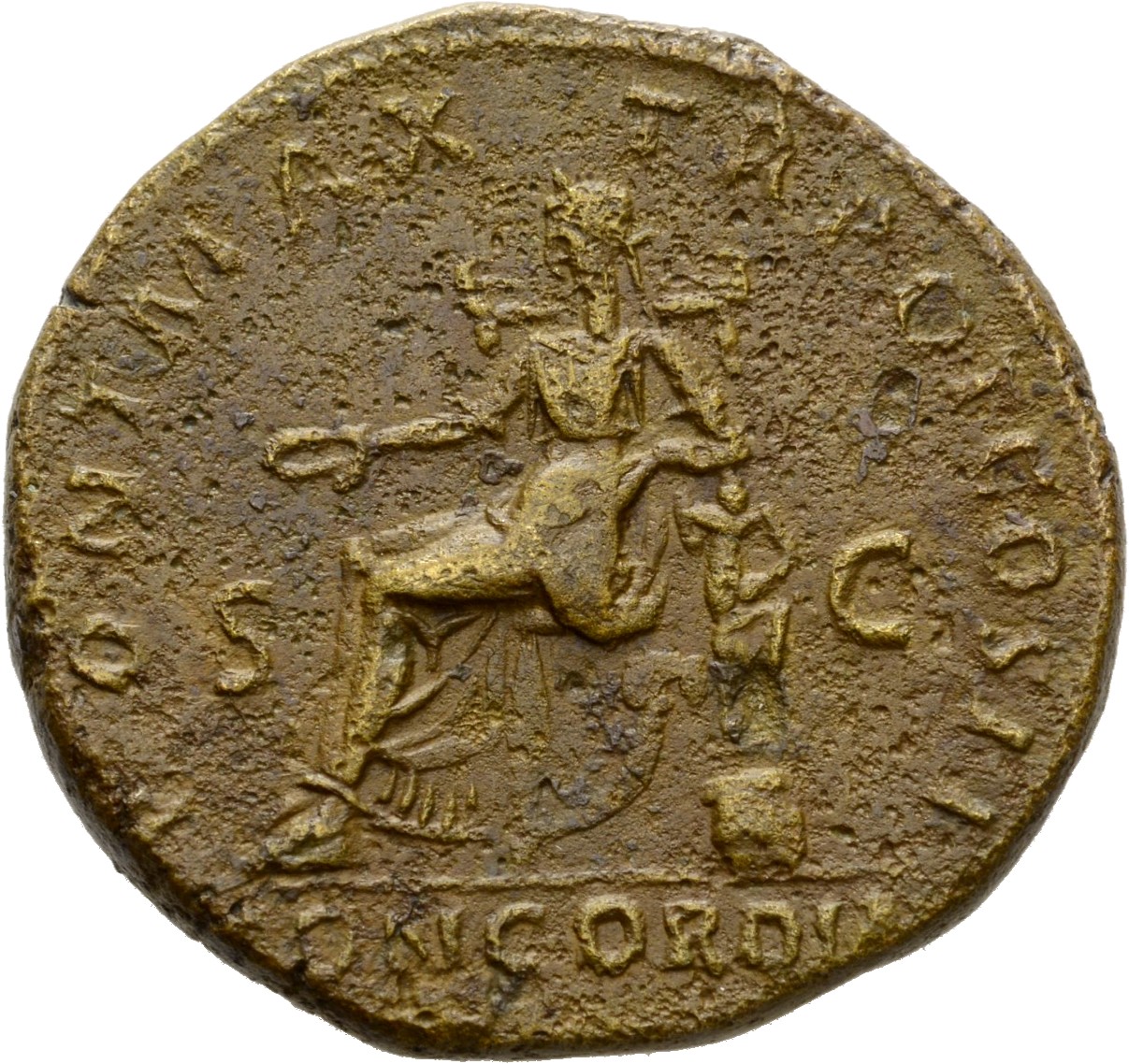 RIC II Hadrian 556 Hadrian reverse, Concordia sitzt nach l. und hält in der r. Hand Schale (patera). Lehnt l. Arm auf Stat...