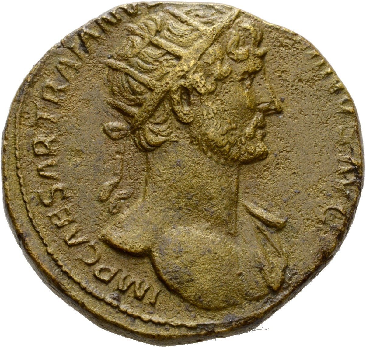 RIC II Hadrian 556 Hadrian obverse, Drapierte Büste des Hadrianus mit Strahlenkrone in der Brustansicht nach r.