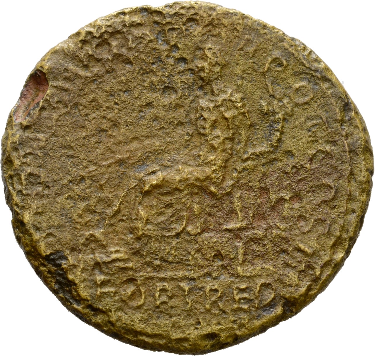 Hadrian reverse — Fortuna sitzt nach l., im l. Arm Füllhorn (cornucopiae) und in der r. Hand Ruder. Beiderseits S - C.