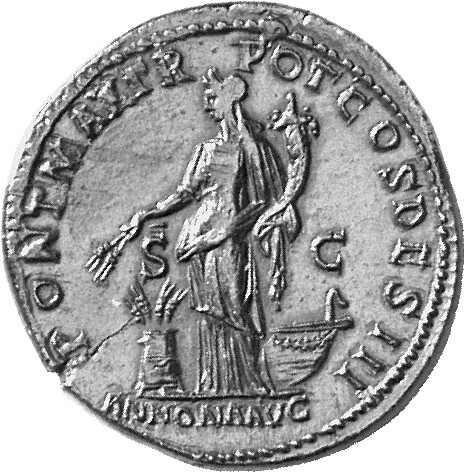 RIC II Hadrian 560A Hadrian reverse, Annona steht nach l., in der r. Hand Ähren, im l. Arm Füllhorn. Vor ihr ein Modius mi...
