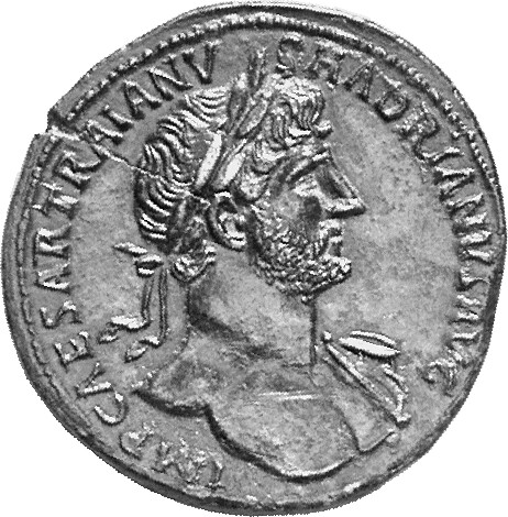 RIC II Hadrian 560A Hadrian obverse, Büste des Hadrianus mit Lorbeerkranz in der Brustansicht nach r., die l. Schulter ist...