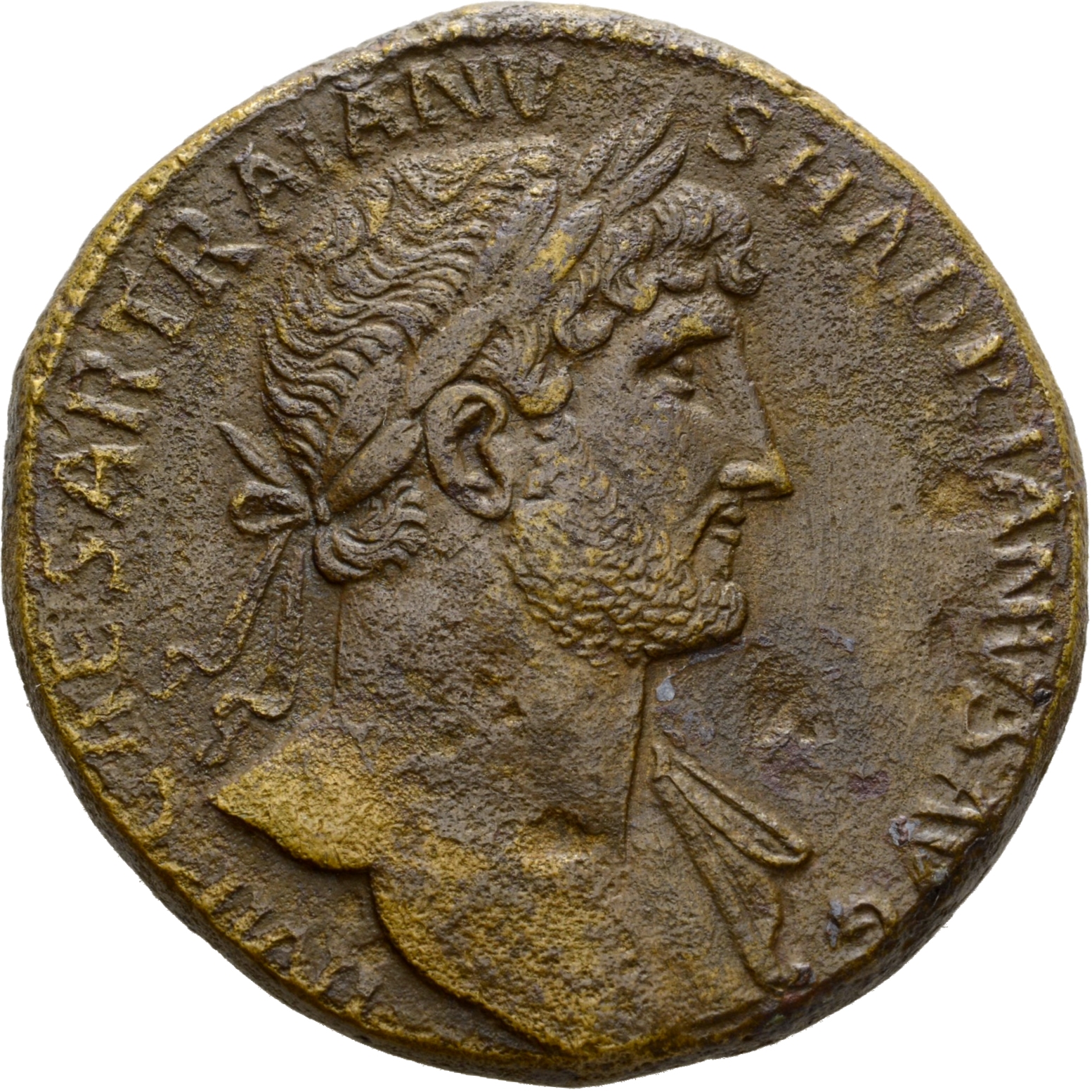 RIC II Hadrian 561A Hadrian obverse, Drapierte Büste des Hadrianus mit Lorbeerkranz in der Brustansicht nach r.