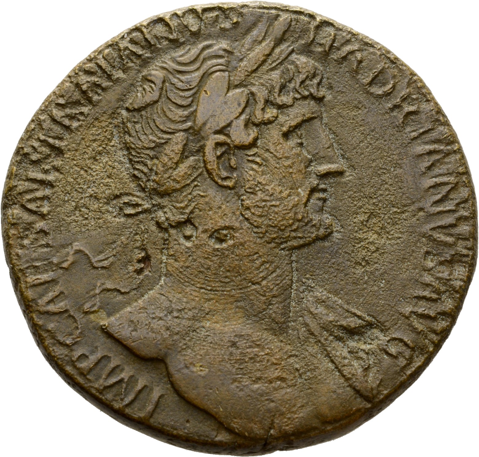 RIC II Hadrian 562B Hadrian obverse, Drapierte Büste des Hadrianus mit Lorbeerkranz in der Brustansicht nach r.
