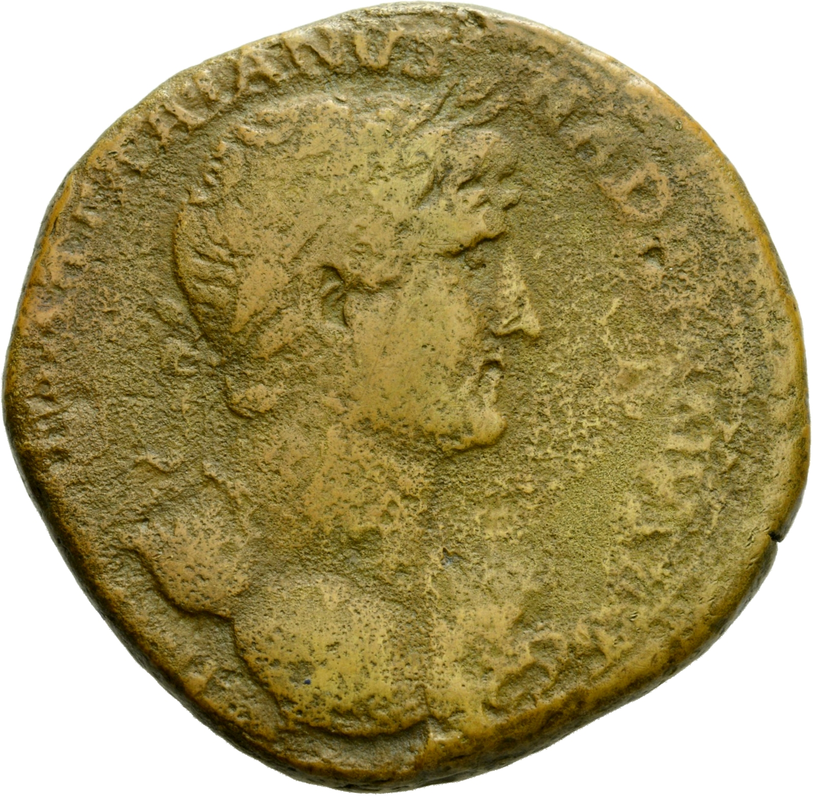 RIC II Hadrian 563B Hadrian obverse, Drapierte Büste des Hadrianus mit Lorbeerkranz in der Rückenansicht nach r.