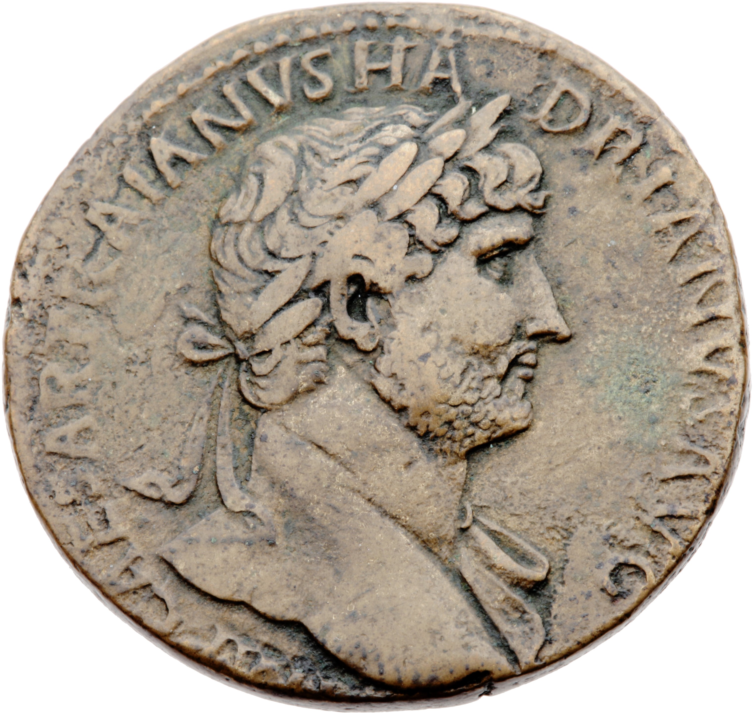 RIC II Hadrian 563B Hadrian obverse, Drapierte Büste des Hadrianus mit Lorbeerkranz in der Rückenansicht nach r.