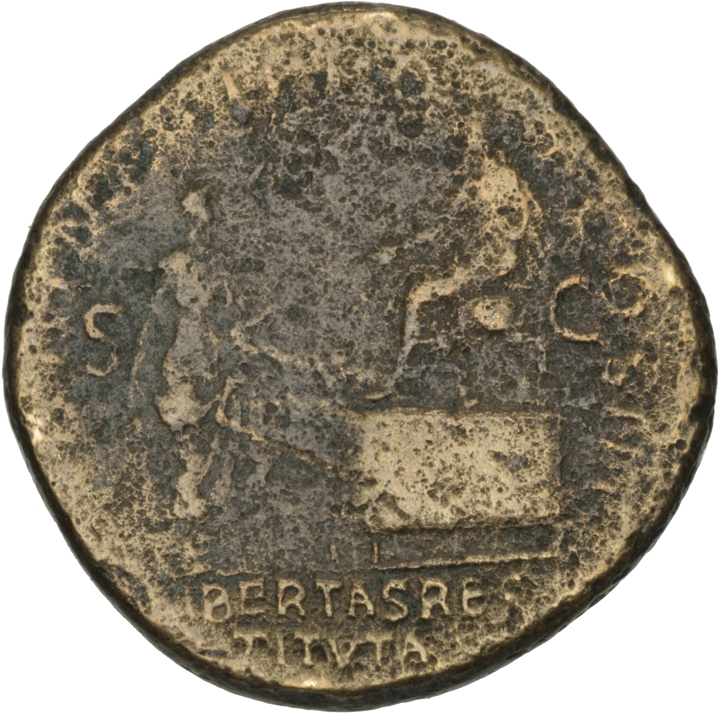 RIC II Hadrian 568 Hadrian reverse, Hadrian nach links auf Plattform sitzend streckt einer nach rechts stehenden Frau mit ...