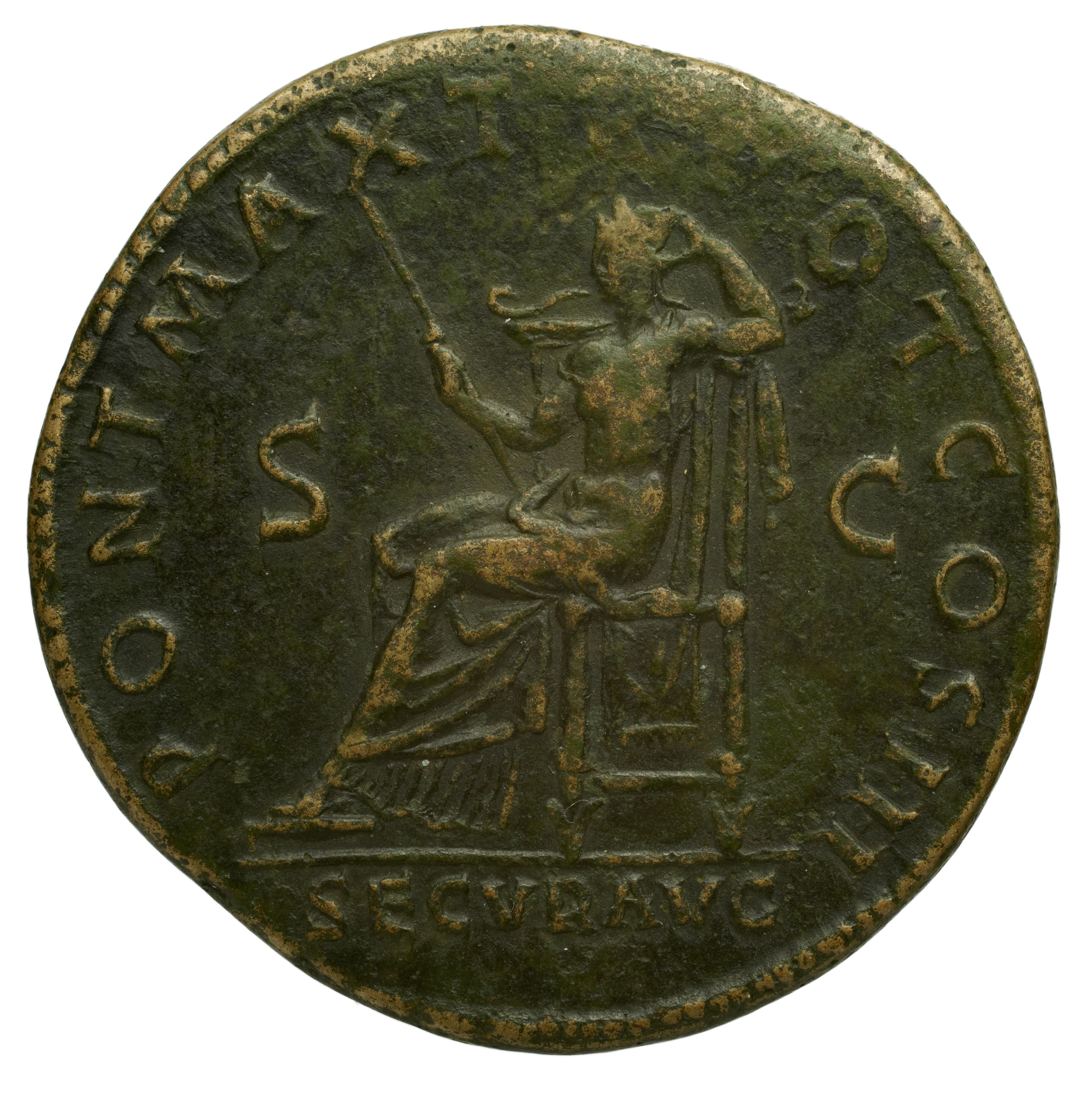 RIC II Hadrian 569 Hadrian obverse, Drapierte Büste des Hadrianus mit Lorbeerkranz in der Brustansicht nach r.