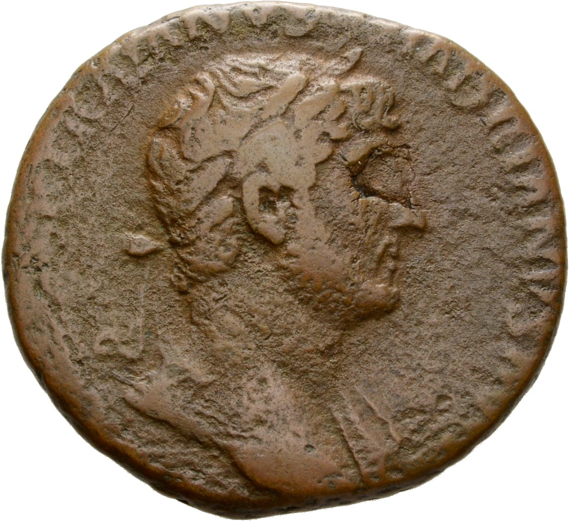 RIC II Hadrian 577B Hadrian obverse, Drapierte Büste des Hadrianus mit Lorbeerkranz in der Brustansicht nach r.