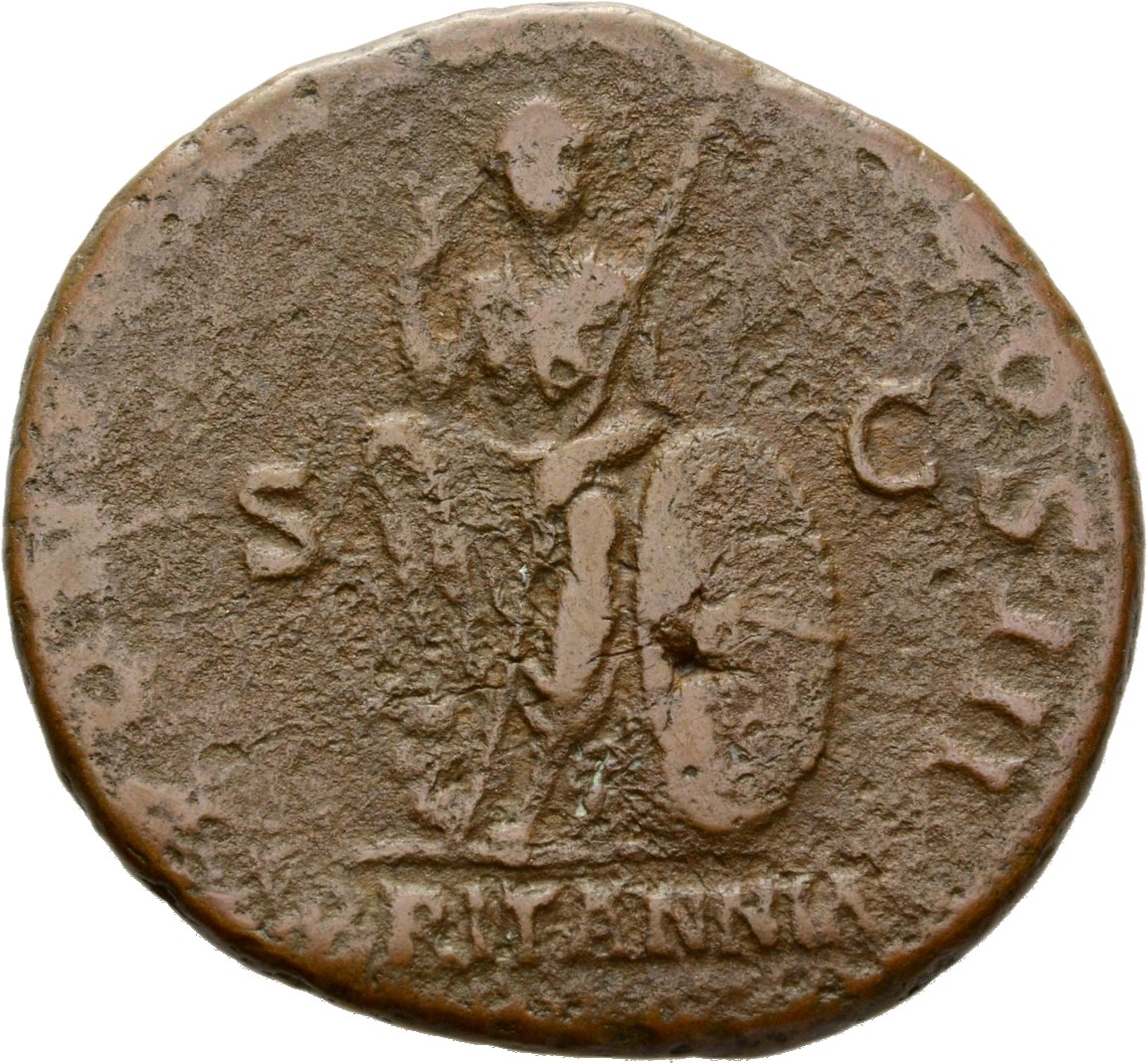 Hadrian reverse — Britannia sitzt in der Vorderansicht, im l. Arm Speer. R. neben ihr Schild. Beiderseits S - C.