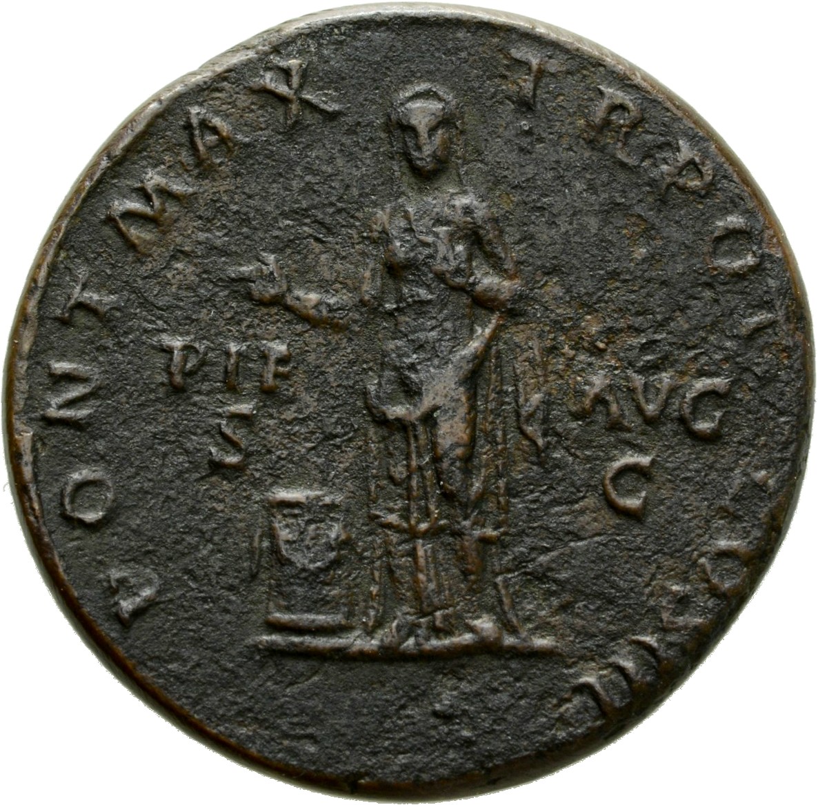 RIC II Hadrian 579A Hadrian reverse, Verschleierte Pietas steht in der Vorderansicht neben Altar. Beiderseits PIE - AVG / ...