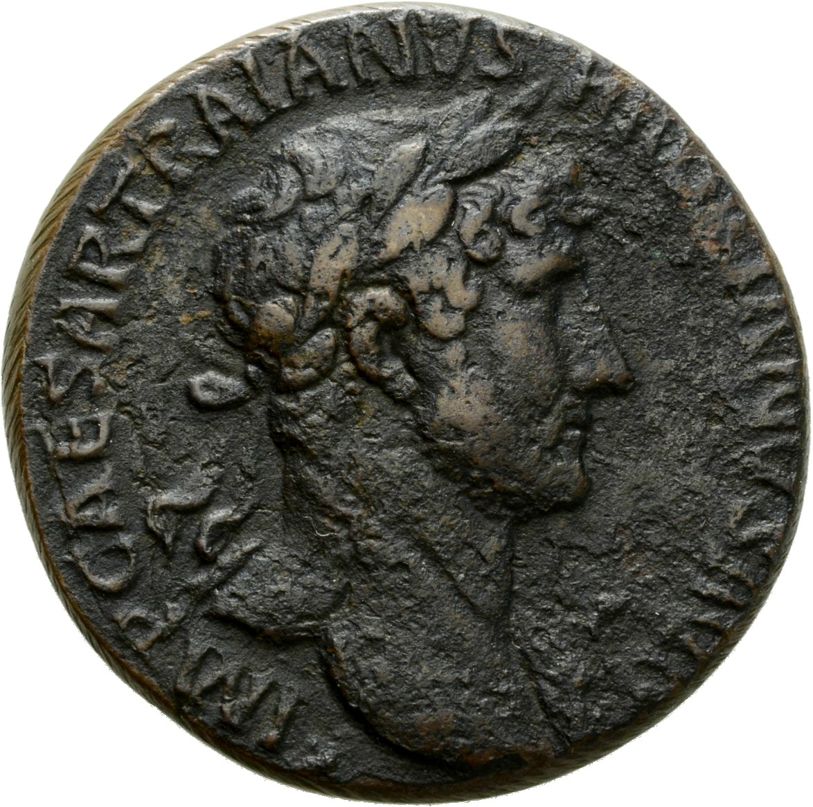 RIC II Hadrian 579A Hadrian obverse, Drapierte Büste des Hadrianus mit Lorbeerkranz in der Brustansicht nach r.