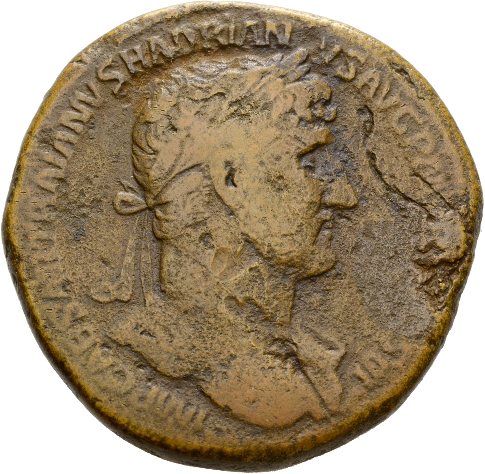 RIC II Hadrian 581B Hadrian obverse, Drapierte Büste des Hadrianus mit Lorbeerkranz in der Brustansicht nach r.