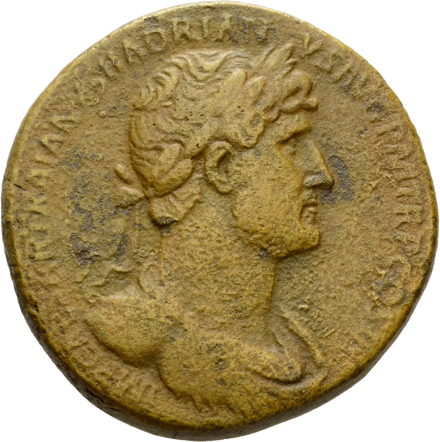 RIC II Hadrian 583D Hadrian obverse, Drapierte Büste des Hadrianus mit Lorbeerkranz in der Brustansicht nach r.