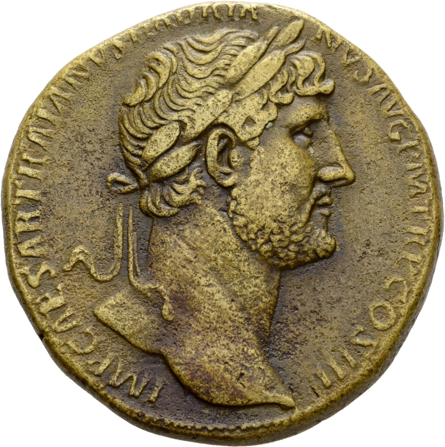 RIC II Hadrian 585A Hadrian obverse, Büste des Hadrianus mit Lorbeerkranz in der Rückenansicht nach r.