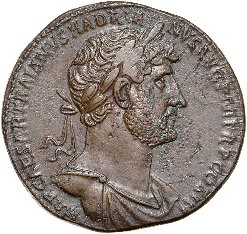 RIC II Hadrian 586C Hadrian obverse, Drapierte Büste des Hadrianus mit Lorbeerkranz in der Brustansicht nach r.