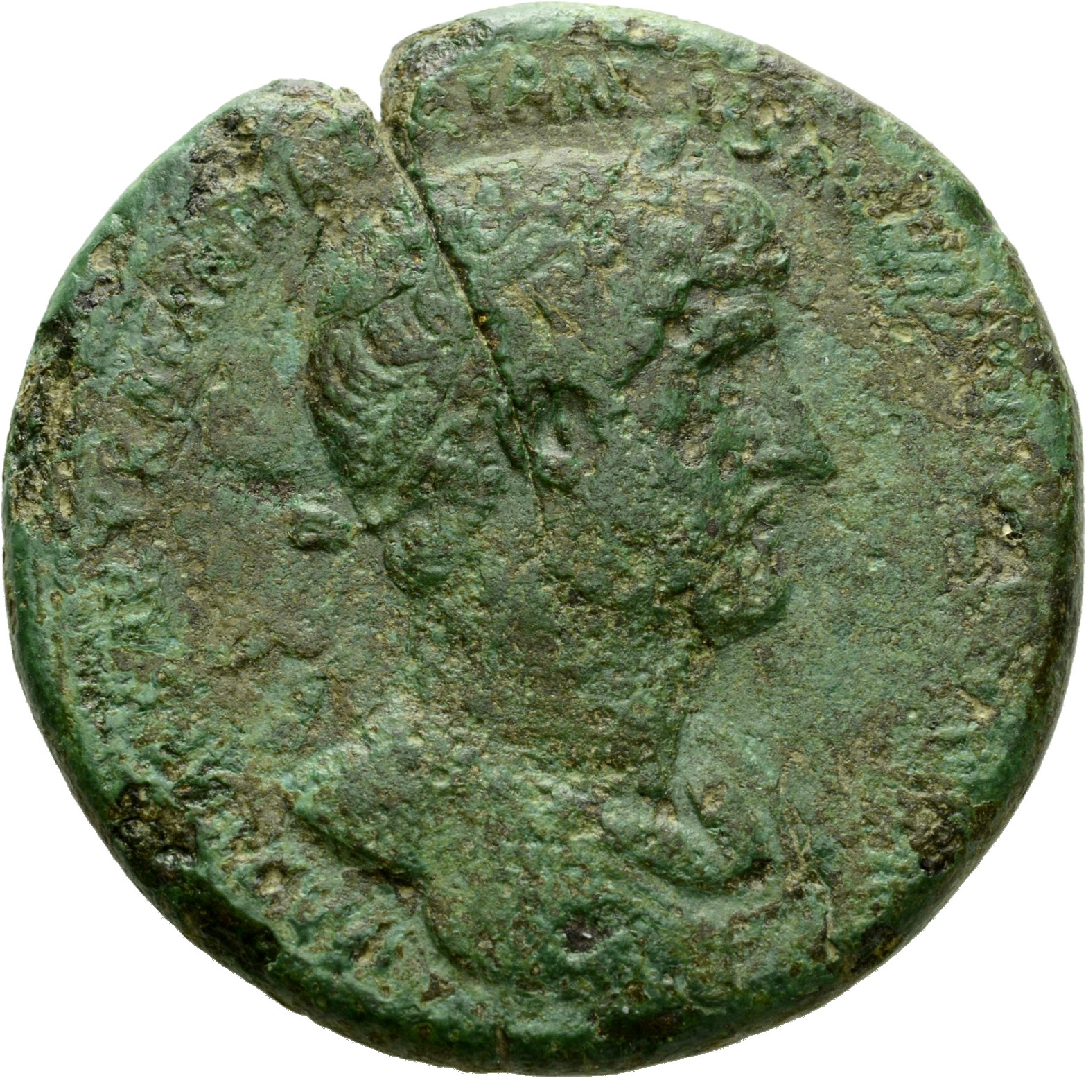 RIC II Hadrian 587B Hadrian obverse, Drapierte Büste des Hadrianus mit Lorbeerkranz in der Brustansicht nach r.