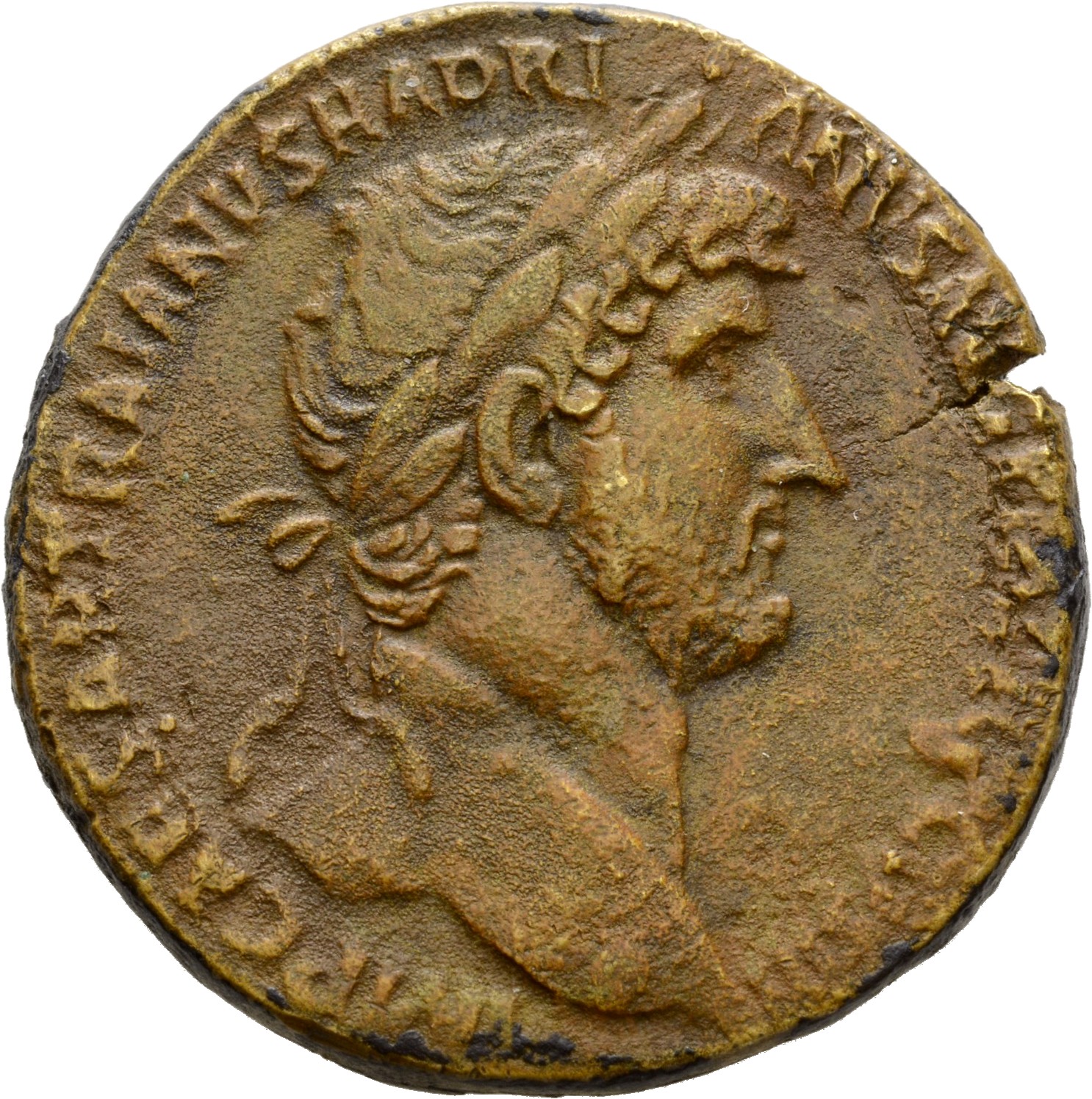 RIC II Hadrian 594A Hadrian obverse, Büste des Hadrianus mit Lorbeerkranz in der Rückenansicht nach r.
