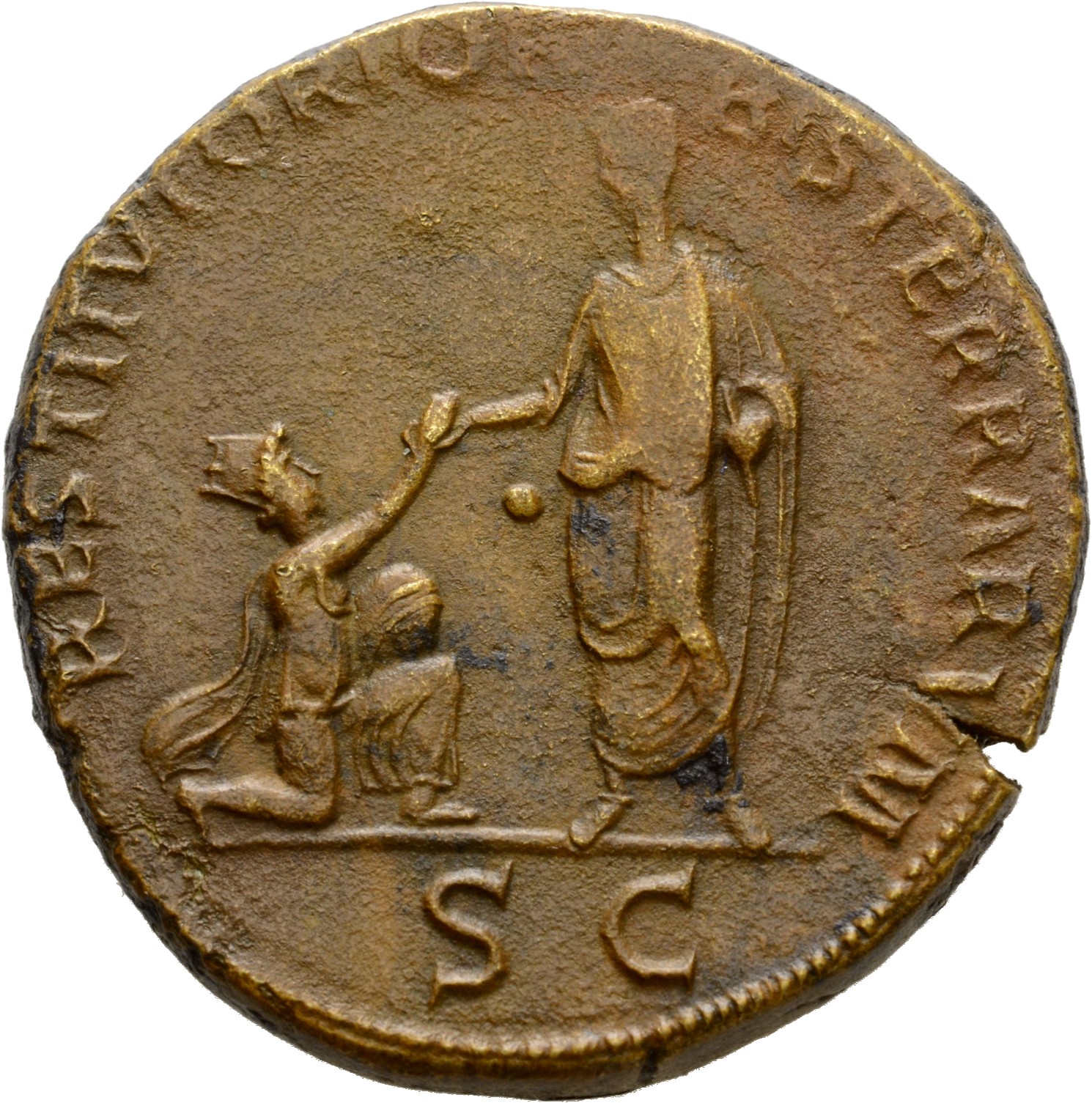 RIC II Hadrian 594A Hadrian reverse, Hadrianus steht in der Vorderansicht, Kopf nach l. und hilft vor ihm knieender Frau m...