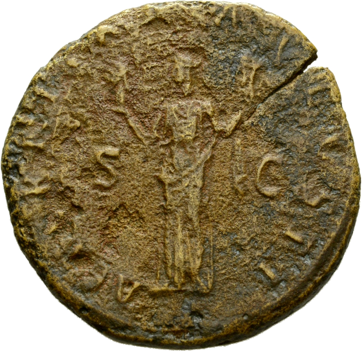 Hadrian reverse — Aeternitas steht in der Vorderansicht, den Kopf nach l., in der r. Hand den Kopf der Sonne und in der l. Hand den des Mondes. Beiderseits S - C.