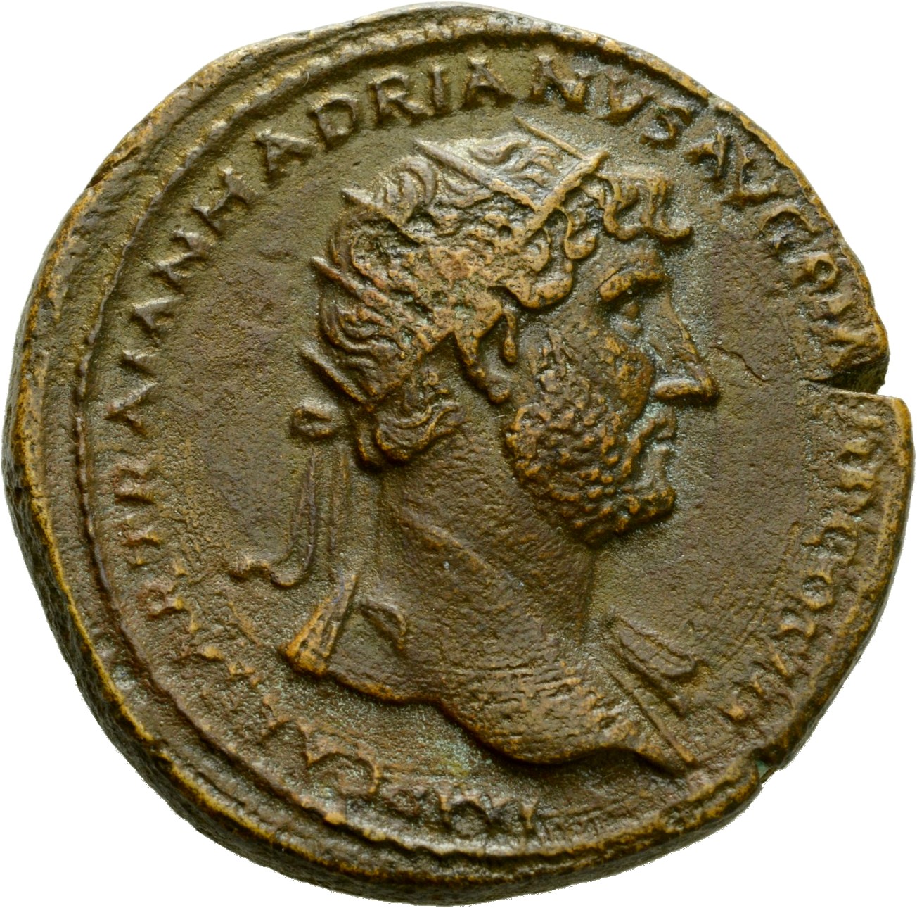 RIC II Hadrian 601B Hadrian obverse, Drapierte Büste des Hadrianus mit Strahlenkrone in der Rückenansicht nach r.