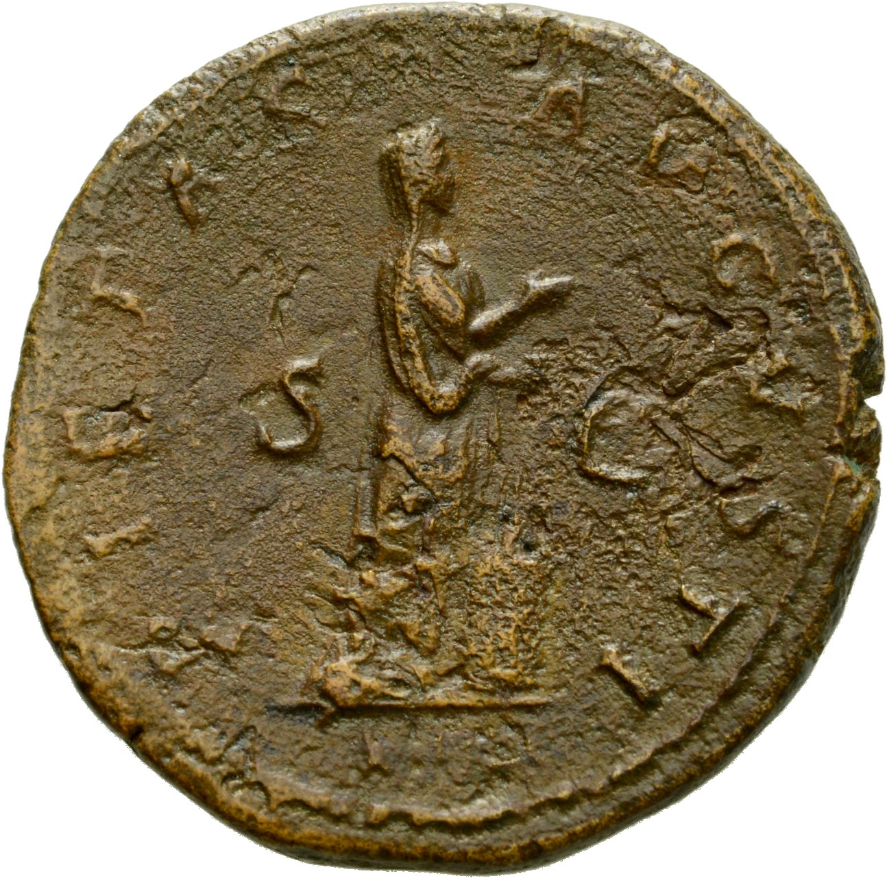 RIC II Hadrian 601B Hadrian reverse, Pietas steht nach r. und opfert über Altar, in der l. Hand Kästchen. Beiderseits S - C.