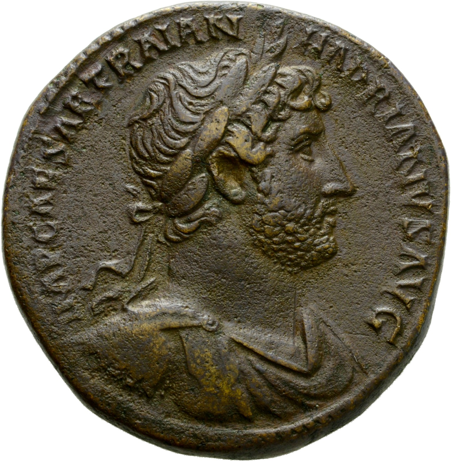 RIC II Hadrian 611B Hadrian obverse, Drapierte Panzerbüste des Hadrianus mit Lorbeerkranz in der Brustansicht nach r.