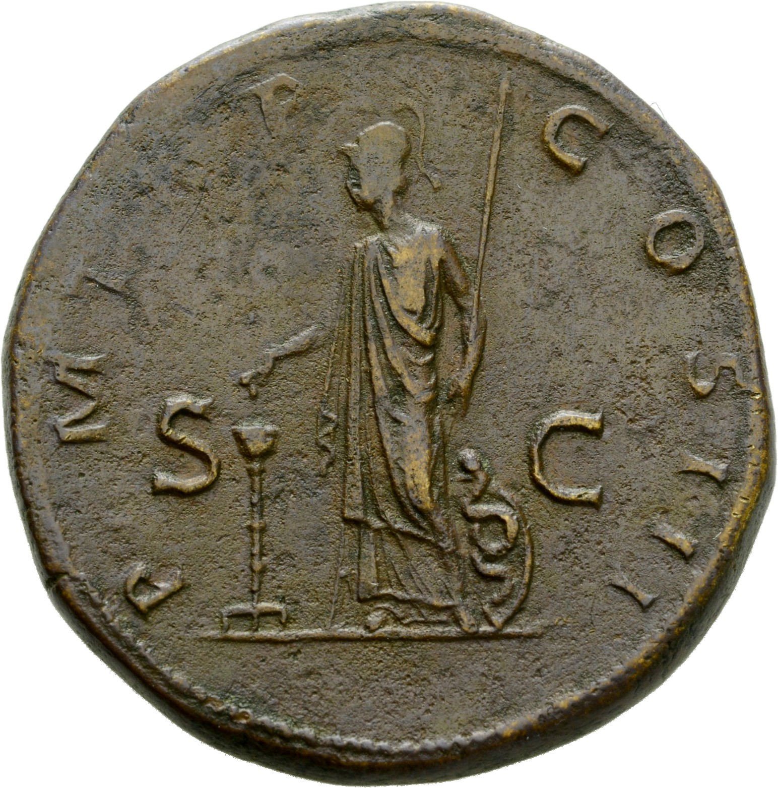 RIC II Hadrian 611B Hadrian reverse, Minerva im Mantel mit Helm, Speer und Schild r. am Boden, davor eine Schlange, steht ...