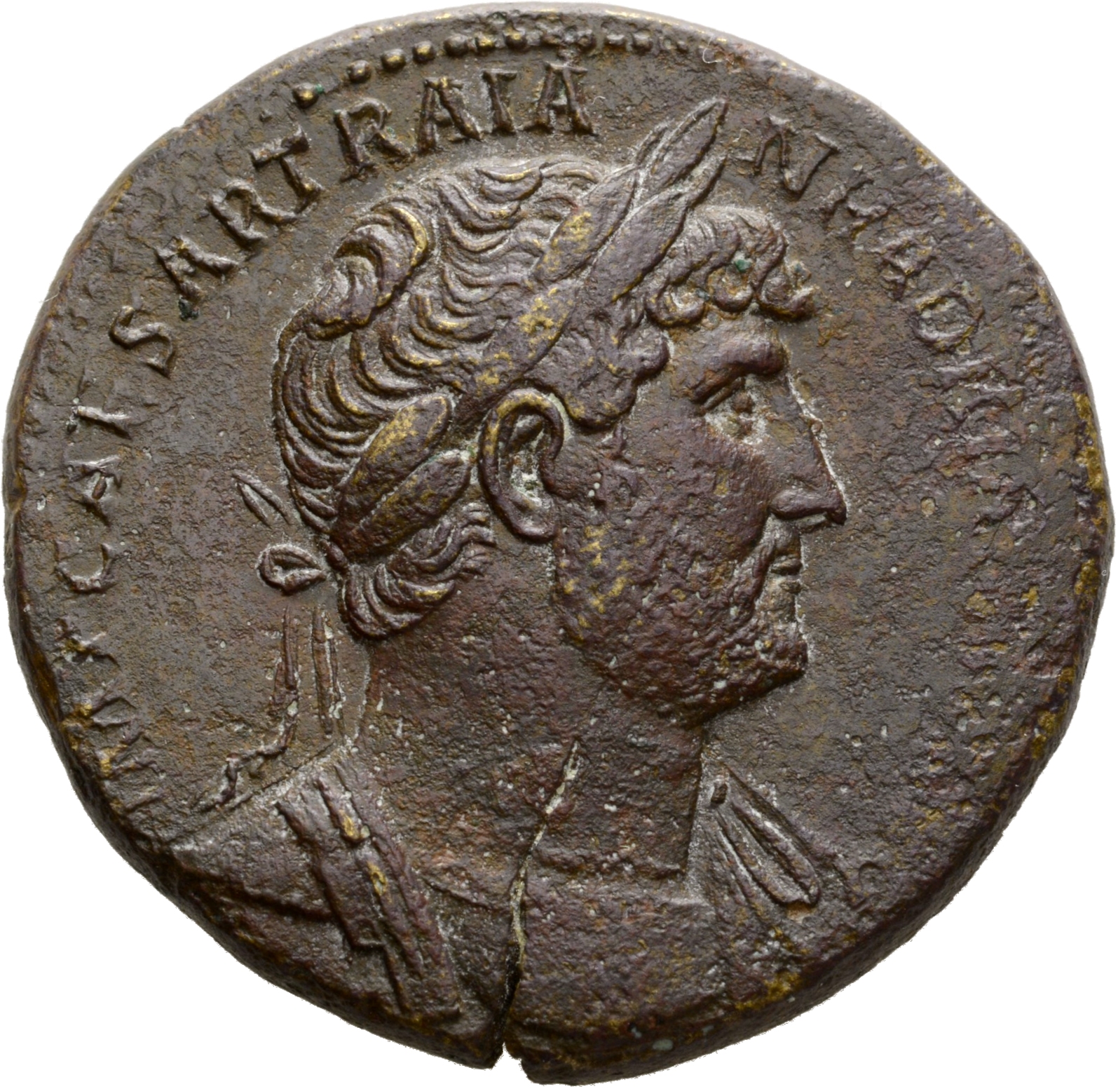 RIC II Hadrian 614A Hadrian obverse, Drapierte Panzerbüste des Hadrianus mit Lorbeerkranz in der Brustansicht nach r.