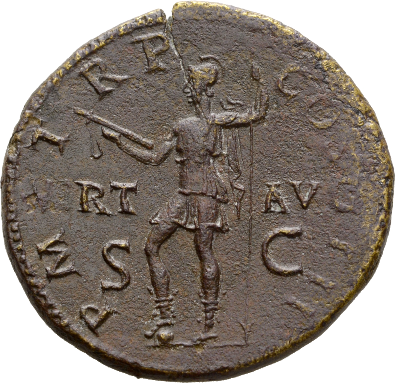 RIC II Hadrian 614A Hadrian reverse, Virtus steht nach l., Fuß auf Helm, in der l. Hand Speer und in der r. Hand Dolch (pa...