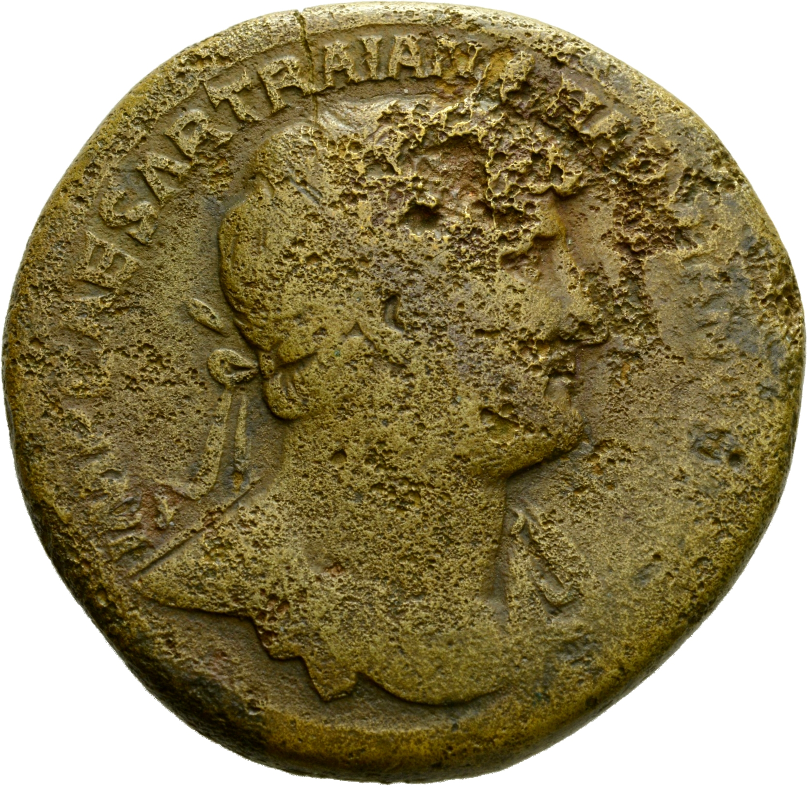 Hadrian obverse — Drapierte Büste des Hadrianus in der Brustansicht mit Lorbeerkranz nach r.