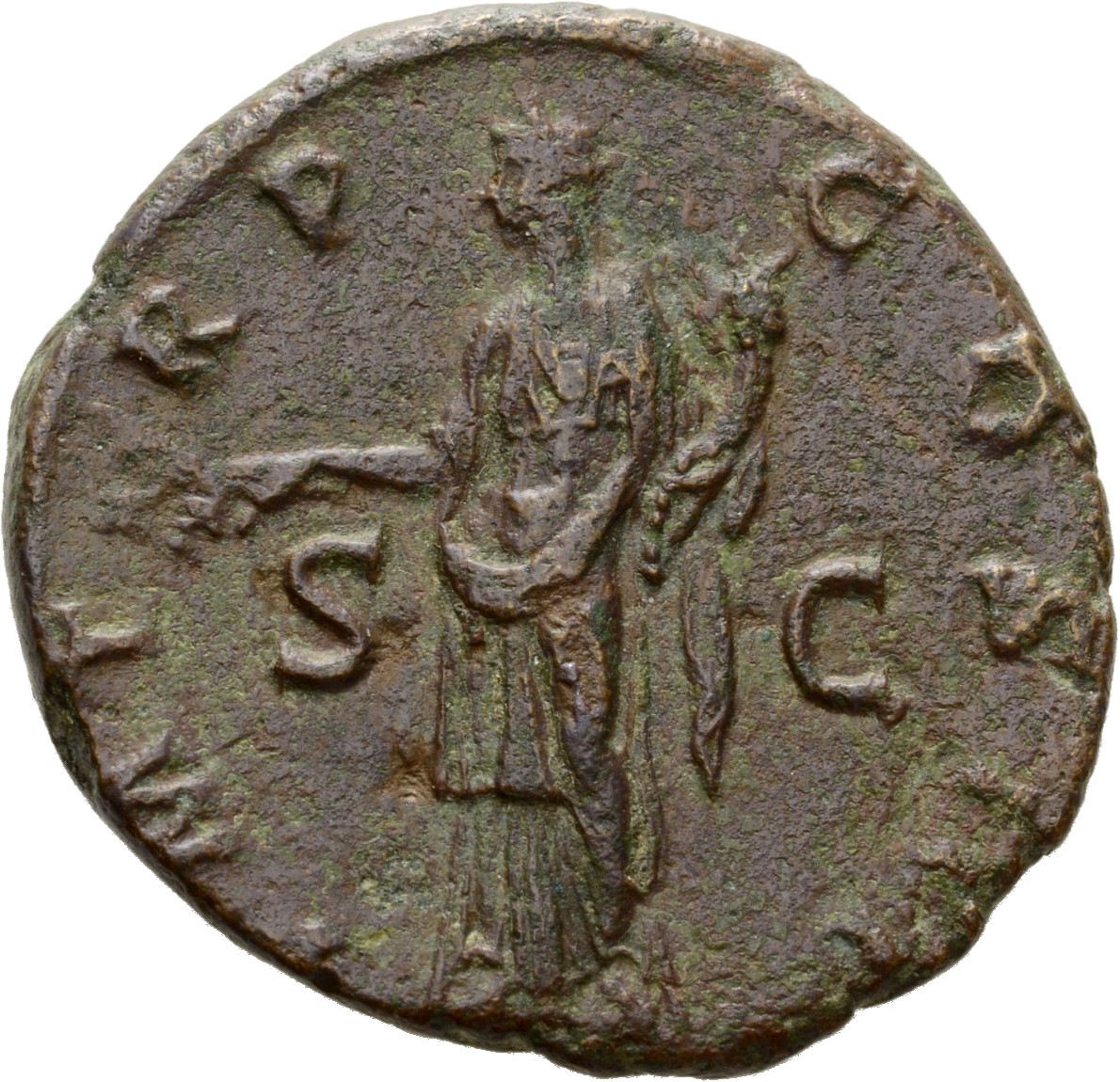 RIC II Hadrian 616A Hadrian reverse, Pax steht in der Vorderansicht, den Kopf nach l., in der r. Hand Zweig und im l. Arm ...