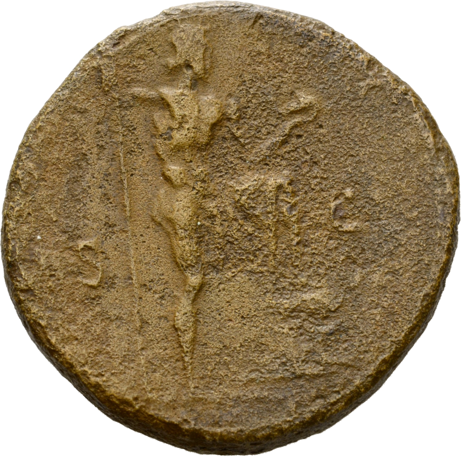 Hadrian reverse — Neptun steht in der Dreiviertelansicht nach r., den l. Fuß auf Schiffsbug (prora) mit Umhang über dem l. Knie. Hält in der l. Hand Delphin und in der r. Hand Zepter. Beiderseits S - C.