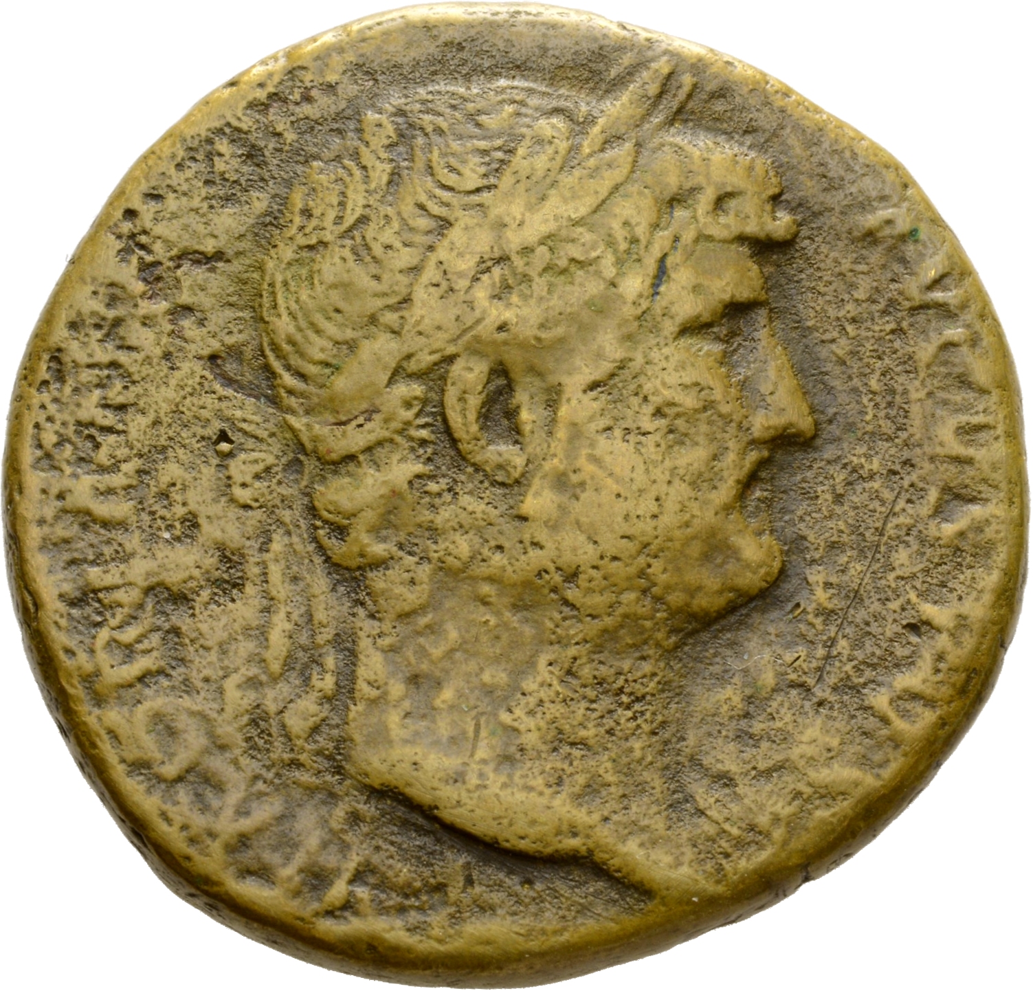 RIC II Hadrian 634 Hadrian obverse, Drapierte Büste des Hadrianus mit Lorbeerkranz in der Brustansicht nach r.