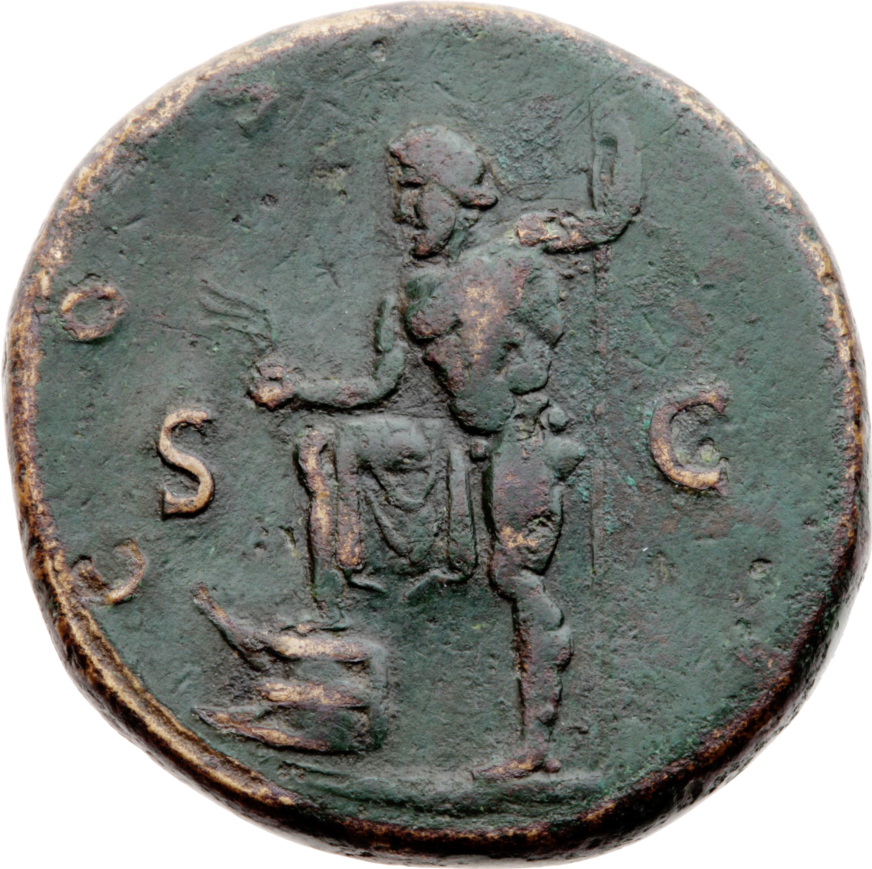 RIC II Hadrian 635 Hadrian reverse, Neptun steht nach l., r. Fuß auf Prora, hält Dreizack und Akrostolium.
