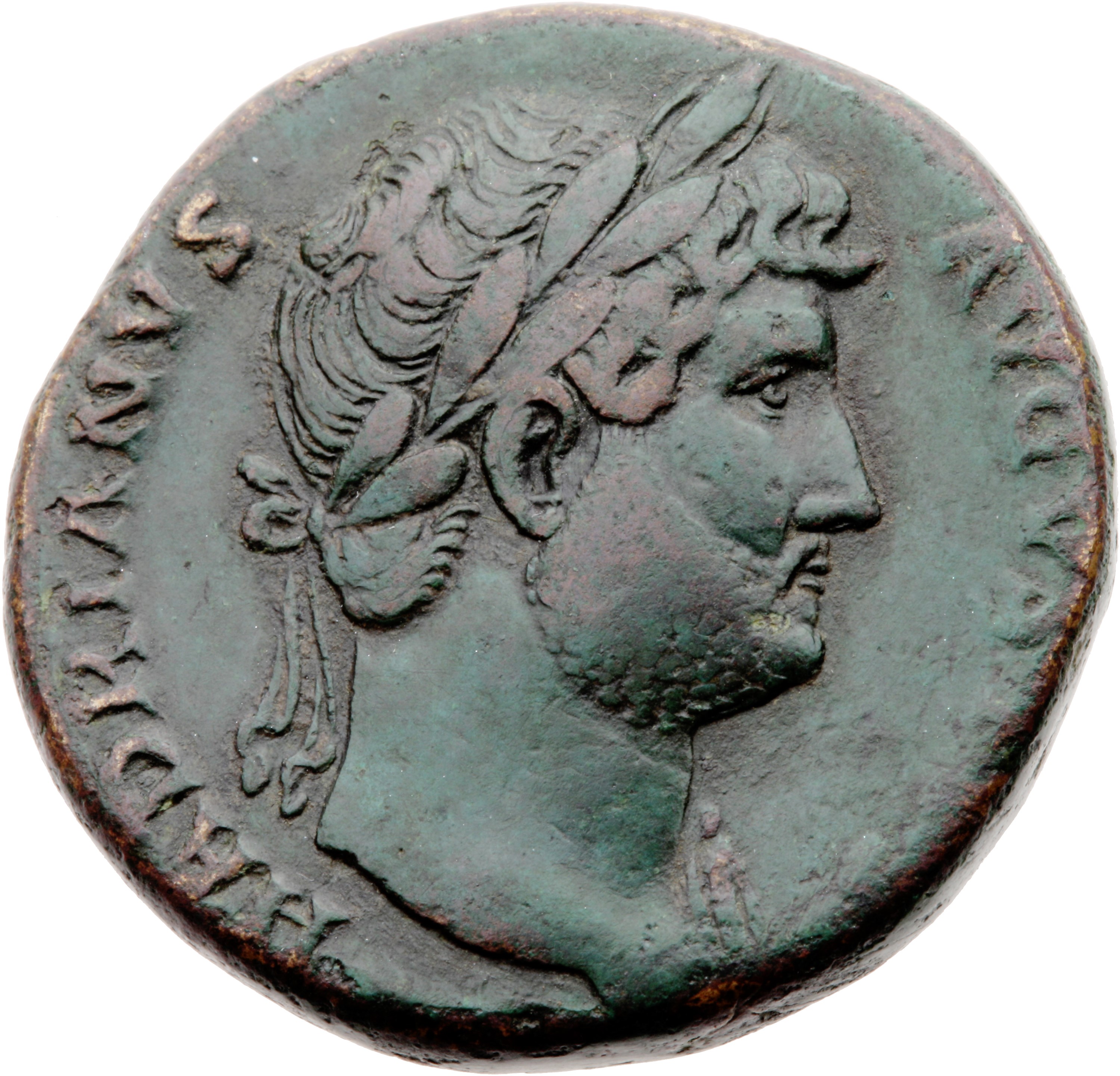 RIC II Hadrian 635 Hadrian obverse, Büste des Hadrianus nach r. mit Lorbeerkranz und Paludamentrest auf der linken Schulter.