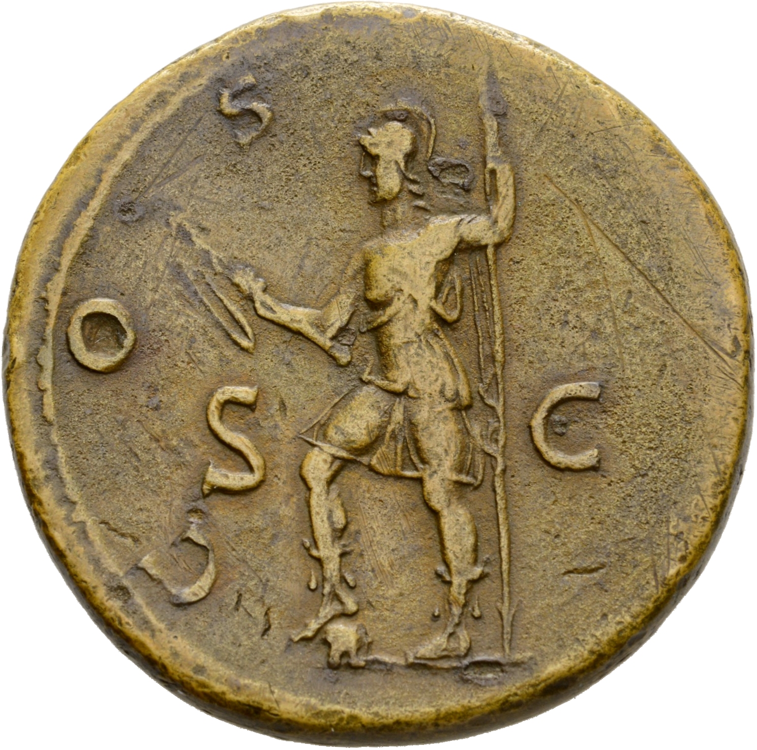 RIC II Hadrian 638 Hadrian reverse, Virtus steht nach l., r. Fuß auf Helm, in der l. Hand Speer und in der r. Hand Dolch (...