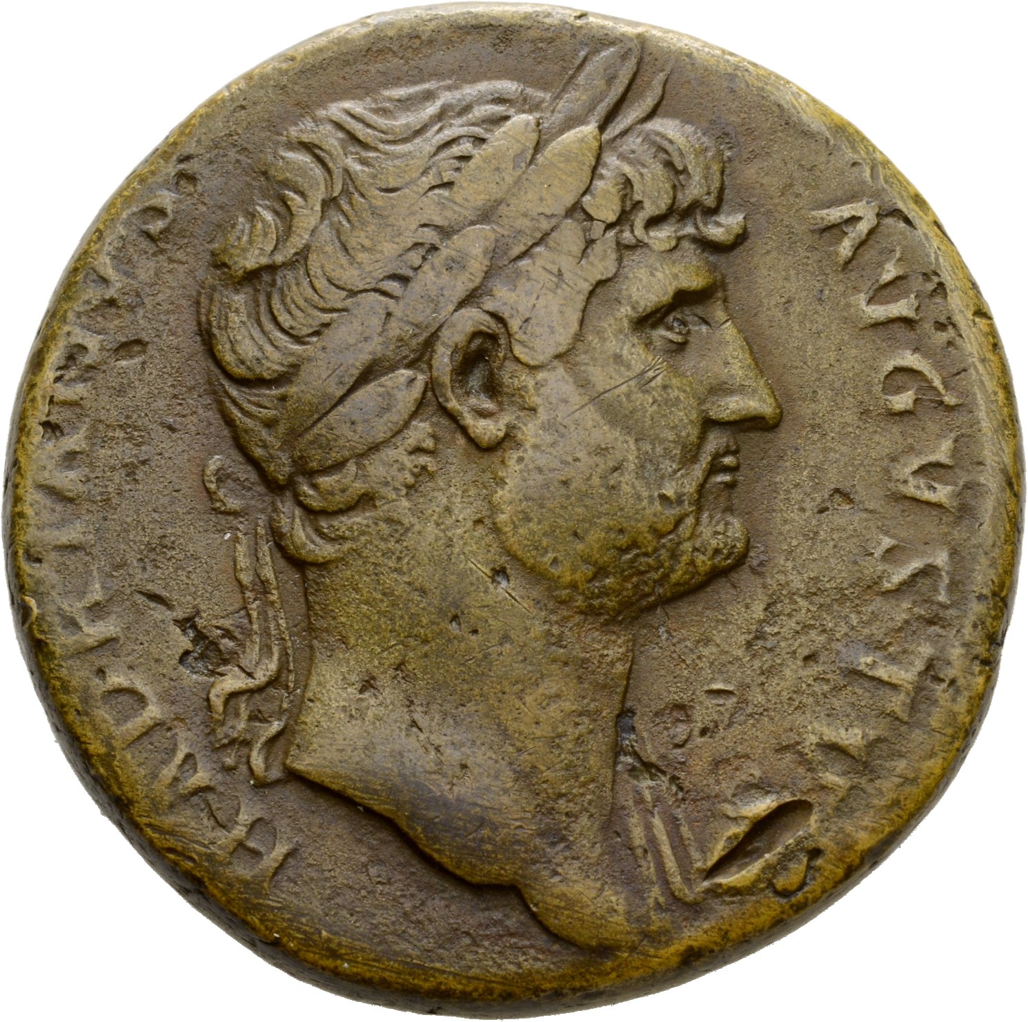RIC II Hadrian 638 Hadrian obverse, Drapierte Büste des Hadrianus mit Lorbeerkranz in der Brustansicht nach r.