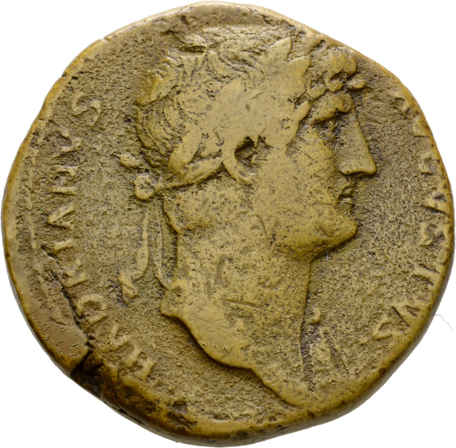 RIC II Hadrian 645 Hadrian obverse, Drapierte Büste des Hadrianus mit Lorbeerkranz in der Brustansicht nach r.