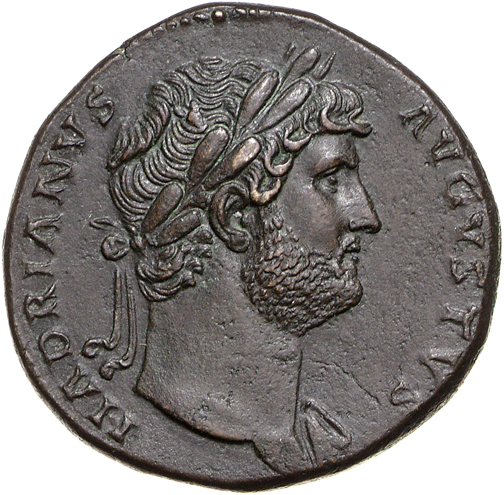 RIC II Hadrian 648d Hadrian obverse, Büste des Hadrianus mit Lorbeerkranz in der Brustansicht nach r., an der l. Schulter ...