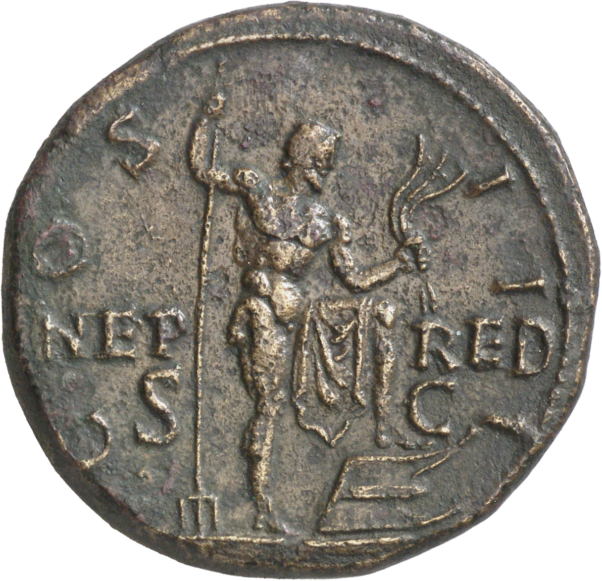 RIC II Hadrian 651 Hadrian reverse, Neptunus steht nach r. In seiner r. Hand ein Dreizack mit der Spitze nach unten und mi...