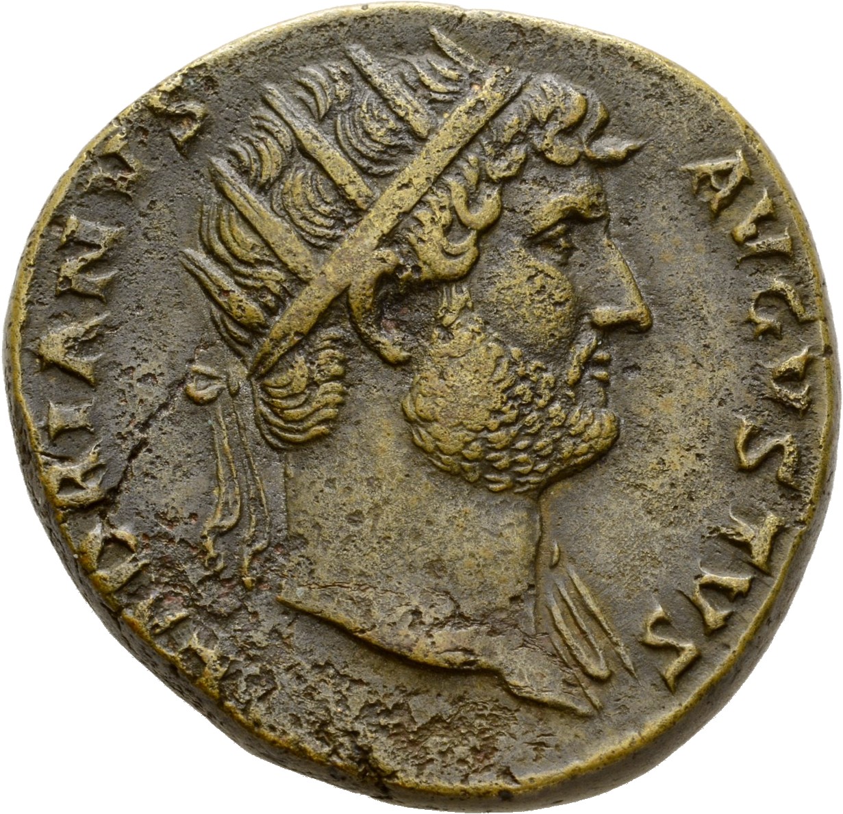 RIC II Hadrian 655 Hadrian obverse, Drapierte Büste des Hadrianus mit Strahlenkrone in der Brustansicht nach r.