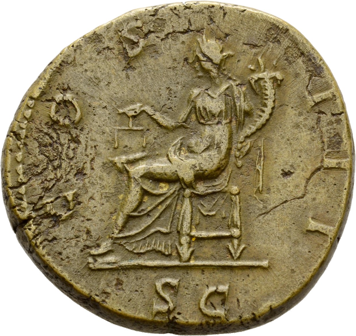 Hadrian reverse — Aequitas sitzt nach l., in der r. Hand eine Waage und im l. Arm ein Füllhorn (cornucopiae).