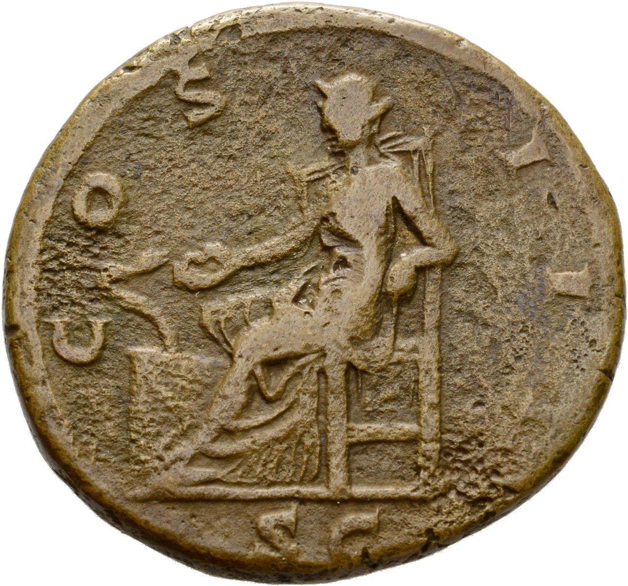 RIC II Hadrian 657j Hadrian reverse, Salus sitzt nach l., in der r. Hand Schale (patera). Füttert eine Schlange, die sich ...