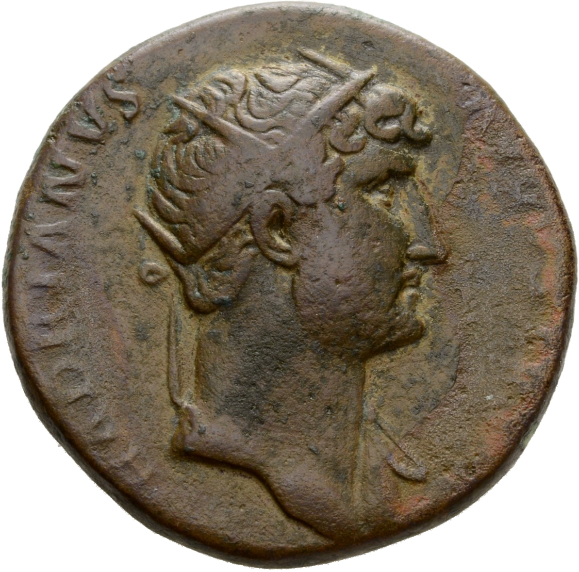 RIC II Hadrian 658j Hadrian obverse, Drapierte Büste des Hadrianus mit Strahlenkrone nach r.