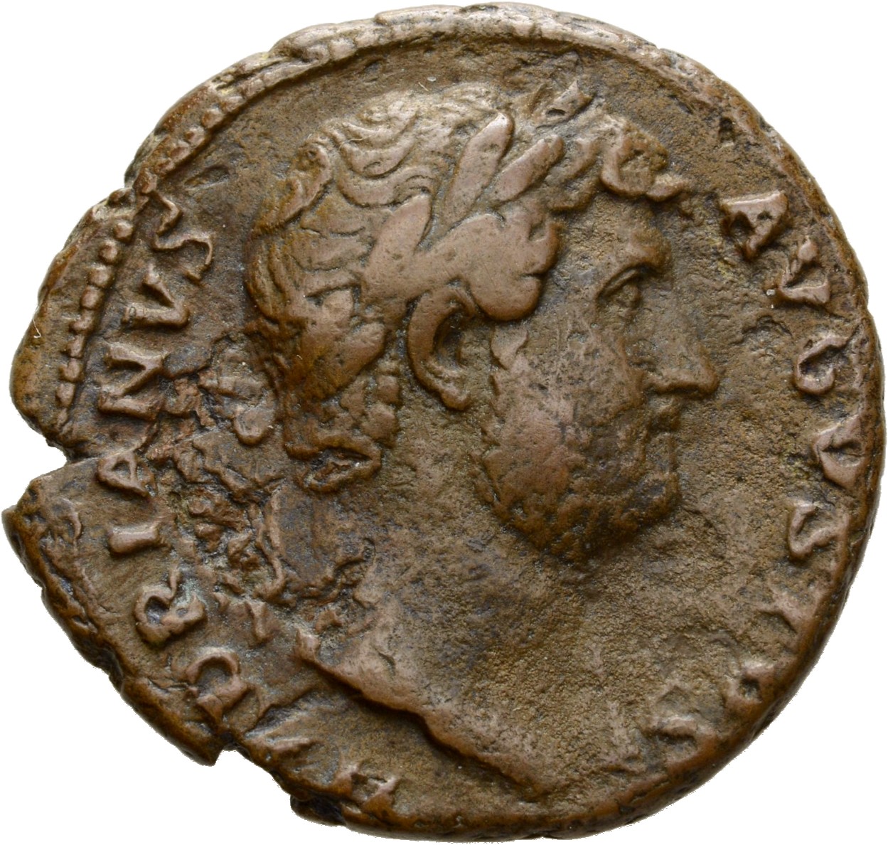 Hadrian obverse — Drapierte Büste des des Hadrianus mit Lorbeerkranz in der Brustansicht nach r.