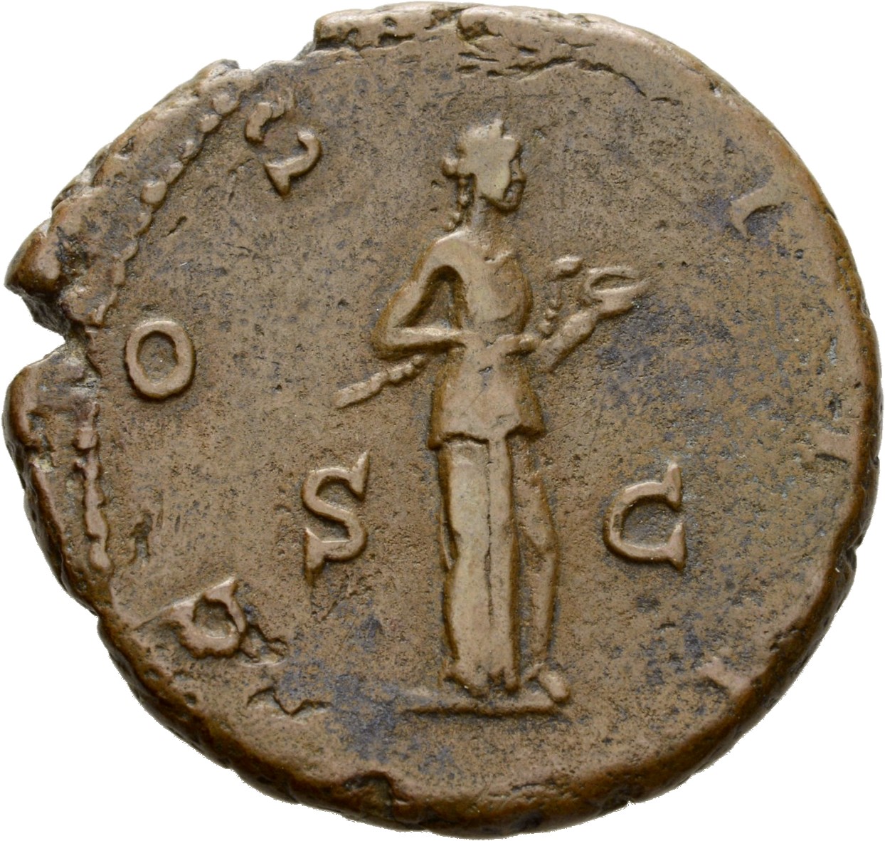 Hadrian reverse — Salus steht nach r., in der l. Hand Schale (patera) und im r. Arm Schlange. Beiderseits S - C.