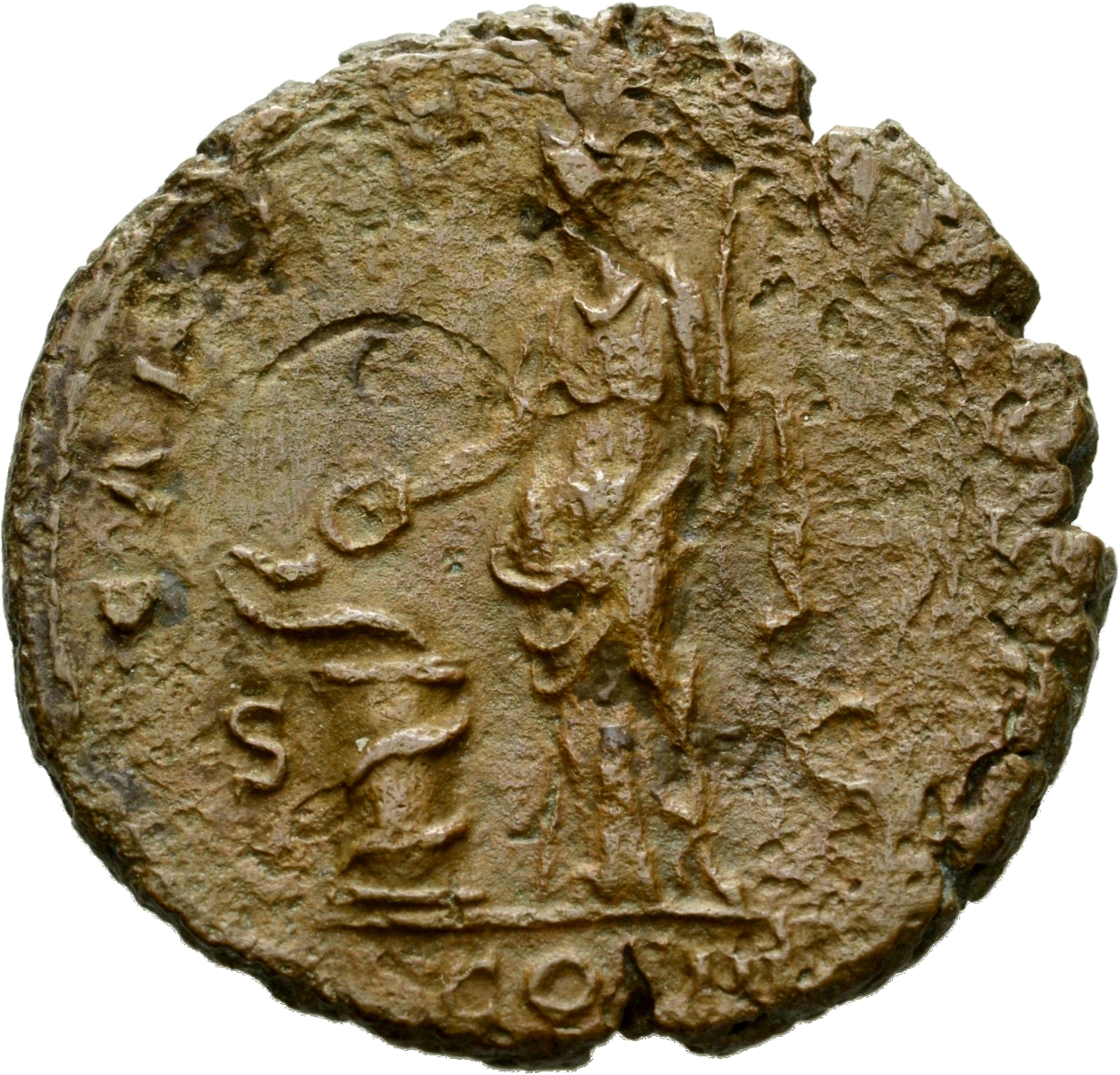 RIC II Hadrian 678 Hadrian reverse, Salus steht in der Vorderansicht, den Kopf nach l. Sie hält in der r. Hand eine Opfers...