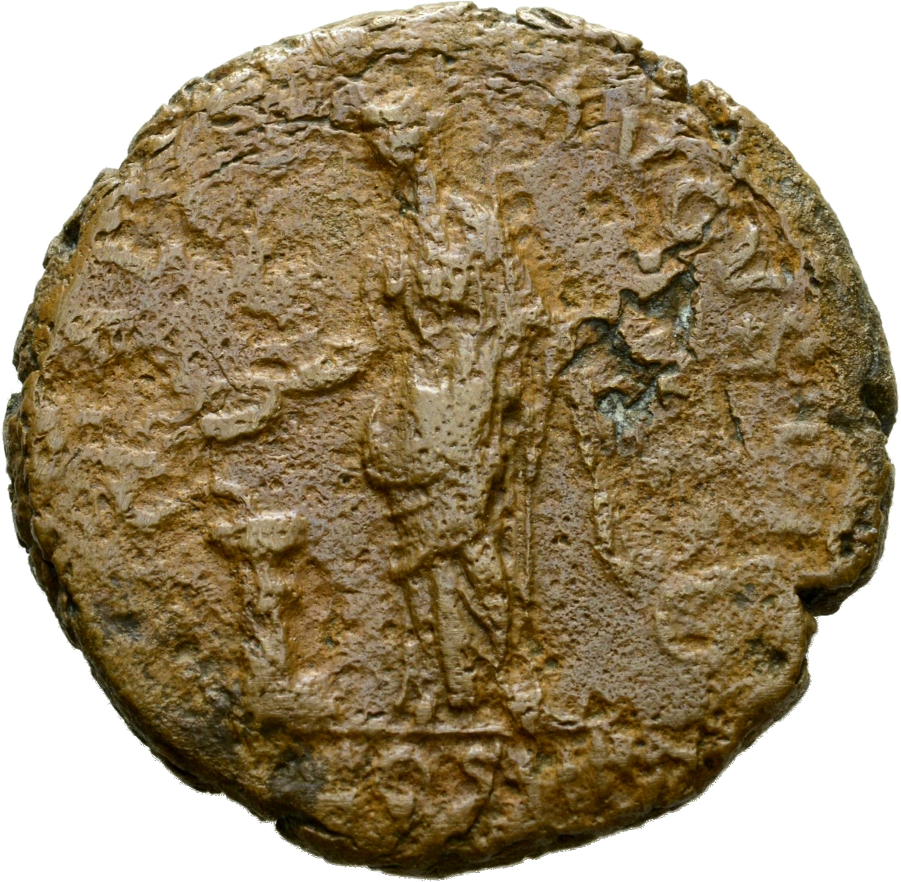 Hadrian reverse — Salus steht in der Vorderansicht, den Kopf nach l. Sie hält in der r. Hand eine Opferschale (patera) und füttert damit eine Schlange, die um einen Altar gewickelt ist. In der l. Hand hält sie ein Zepter. Beiderseits S - C.