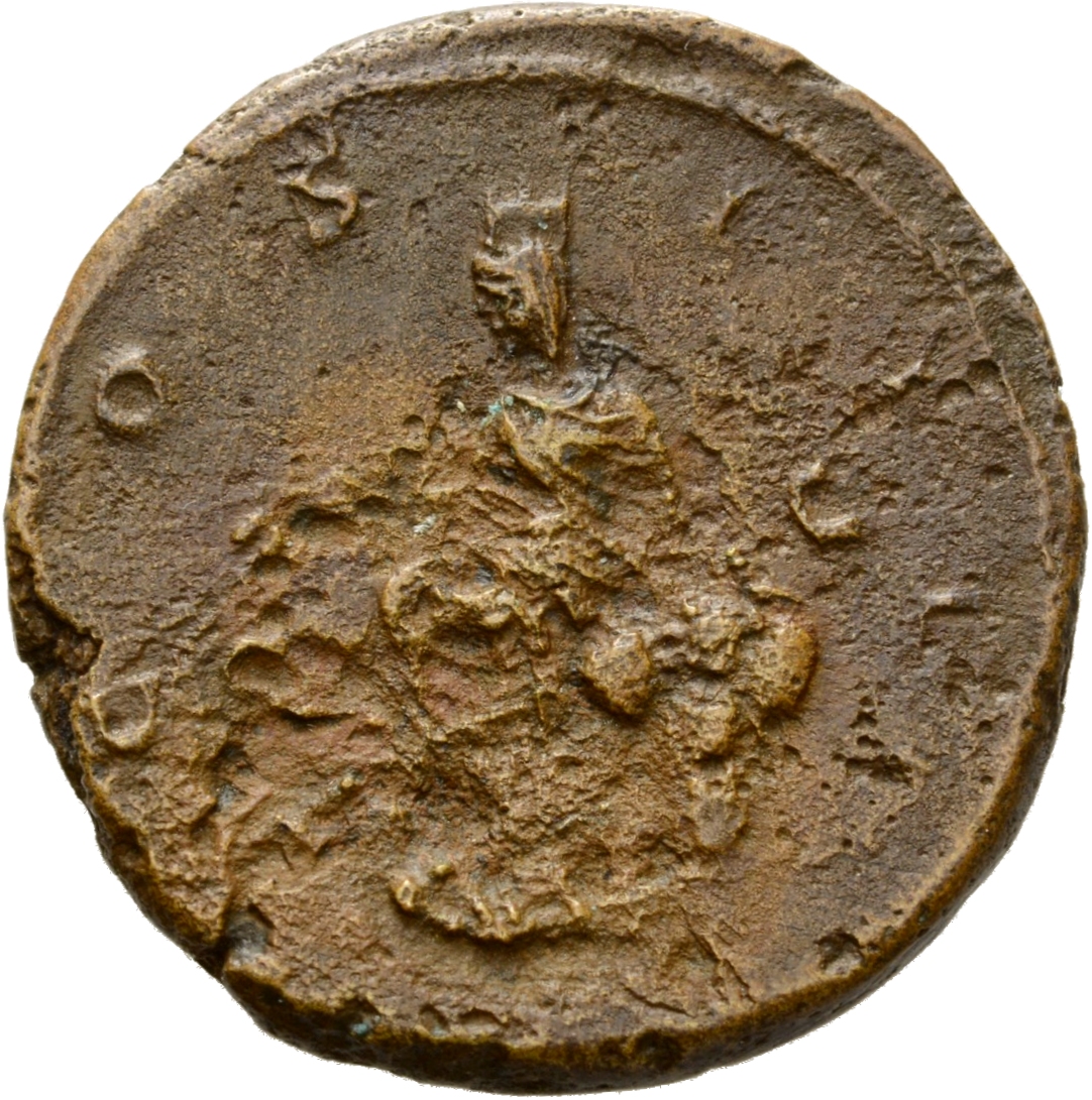 RIC II Hadrian 680 Hadrian reverse, Tyche von Antiochia mit Mauerkrone sitzt auf einem Felsen in der Vorderansicht, den Ko...