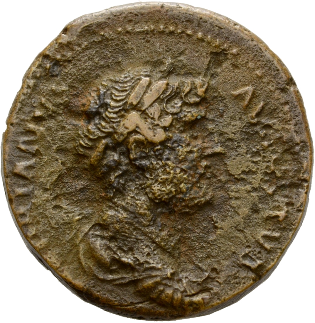 RIC II Hadrian 680 Hadrian obverse, Drapierte Büste des Hadrianus mit Lorbeerkranz in der Rückenansicht nach r.